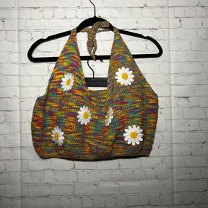 Rainbow Daisy Crochet Halter Crop Top Boho Festival Women's Plus Size 4XL